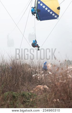 Alpinist Is Rescue People Exercise On Gondola Car