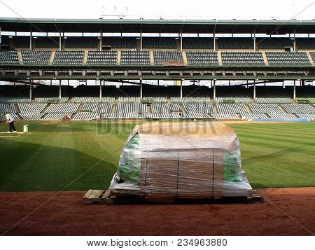 Wrigley Field Being Readied For Opening Day With Shrink Wrapped Crate Of Lawn Fertilizer, Chicago, I