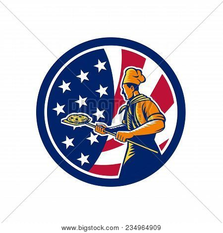 Icon Retro Style Illustration Of American Pizza Baker Chef Holding Peel Viewed From Side With United