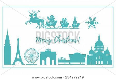 Santa Claus With Christmas Presents In Sleigh With Reindeers Over Famous Buildings And Constructions