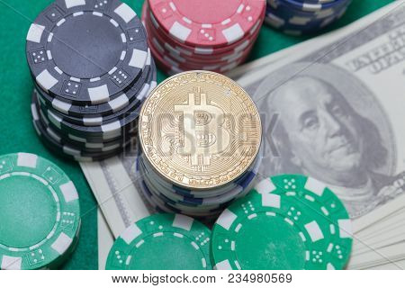 Bitcoin ,poker Chips And Money, Gambling Concept
