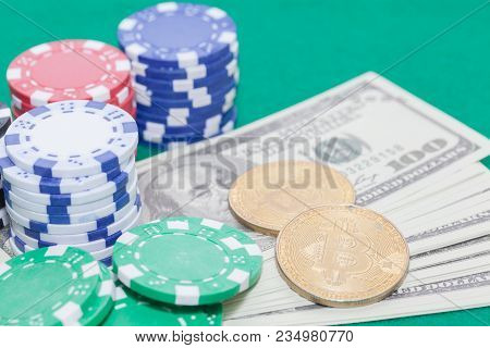 Bitcoin ,poker Chips And Money, Gambling Concept