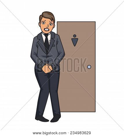 Stressed Man. Businessman Wanting To Pee Stands In Front Of A Wc Door. Isolated Illustration On Whit