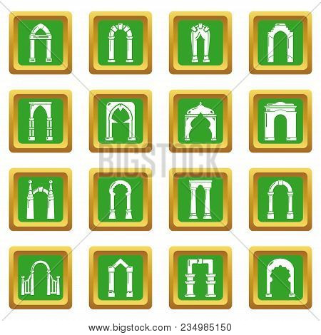 Arch Types Icons Set Vector Green Square Isolated On White Background