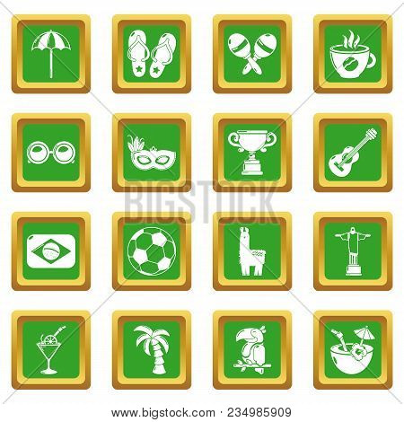 Travel Brazil Icons Set Vector Green Square Isolated On White Background