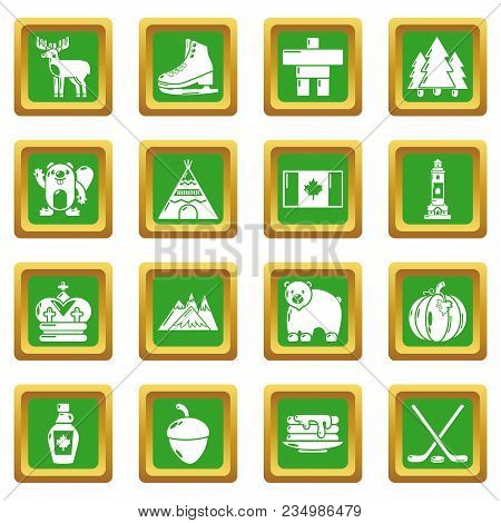 Canada Travel Icons Set Vector Green Square Isolated On White Background