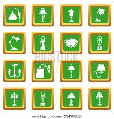 Lamp Icons Set Vector Green Square Isolated On White Background