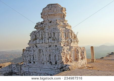 Sunrise In Hampi On Matanga Hill. View From Above, From The Sky, Aerophoto.  Indian Temple Hampi In 
