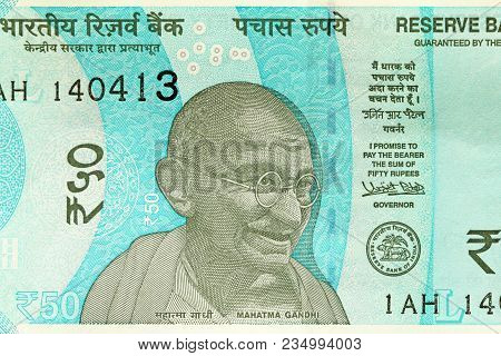 A New Banknote Of India With A Denomination Of 50 Rupees. Indian Currency. Portrait Of Mahatma Gandh