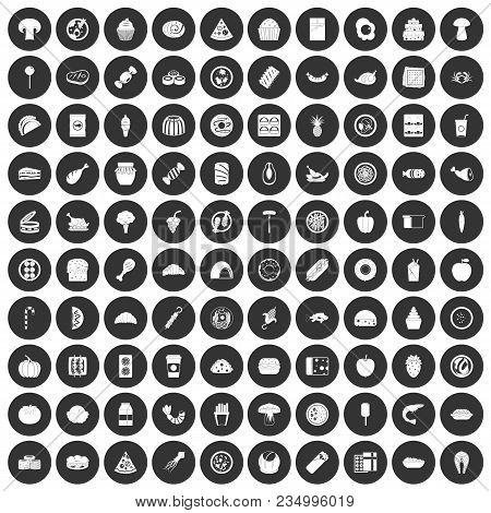 100 Meal Icons Set In Simple Style White On Black Circle Color Isolated On White Background Vector I