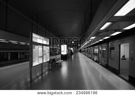 Finland, Helsinki - March 25, 2018: Fragment Of The Interior Of The Hakaniemi Metro Station In Helsi