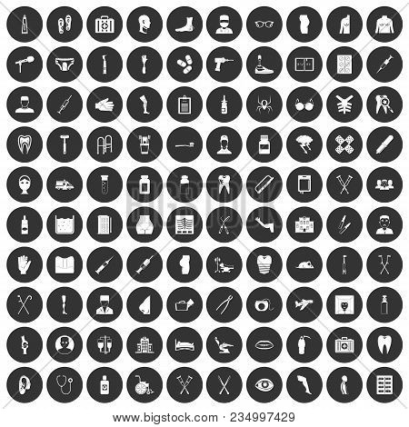 100 Medical Care Icons Set In Simple Style White On Black Circle Color Isolated On White Background 