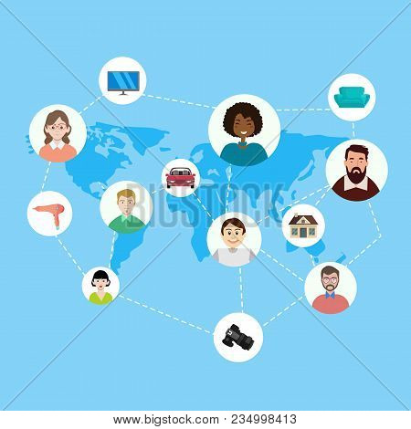 Sharing Economy And Smart Consumption Concept. Illustration In Flat Style. People Save Money And Sha