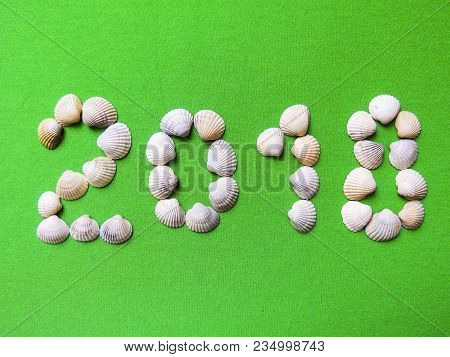 Year Laid Out Of Seashells On A Green Background. The Concept Of Travel, Tourism
