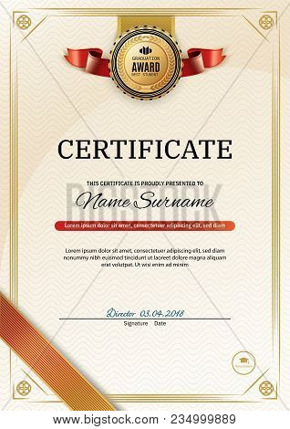 Official Retro Certificate With Red Gold Design Elements. Red Ribbon And Gold Emblem. Vintage Modern