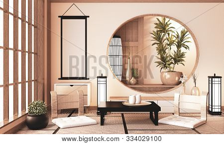 Ryokan Very Zen Room With Wall Wooden Shelf Design And Tatami Floor, Room Earth Tone.3D Rendering