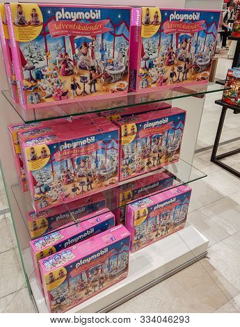 Berlin, Germany, October 2019: Large Pink Boxes Of Playmobil Advent Calendars With Figures And Detai