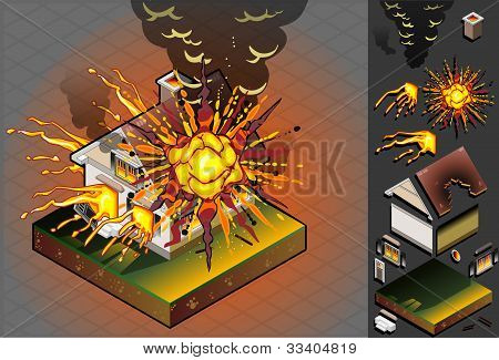 Isometrisk hus ramt af eksplosion