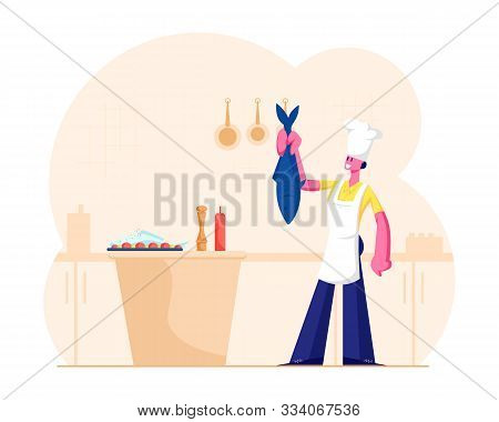 Housewife Or Chef Cooking Seafood Meal. Young Woman In White Toque And Apron Holding Big Fish For Ta