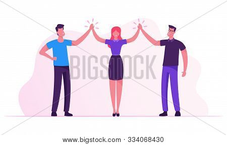 Successful Project Deal Victory Goal Achievement. Business Colleagues Giving Highfive In Office. Mal