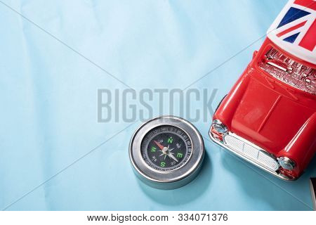 Red Car Compass Passport Ideia Tourism Illustration