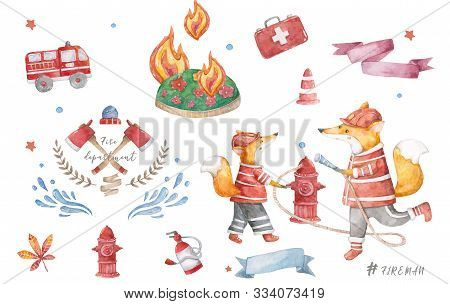Watercolor Cute Cartoon Little Two Foxes Extinguish A Fire On Trees With Water Baby Colorful Nursery