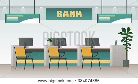 Bank Office Interior. Big Work Corporate Room With Computer And Desk Or Table, Empty Inside Space Of