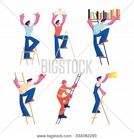 Men On Ladders Set. Male Characters Of Different Professions And Occupation Climbing Upstairs. Firem