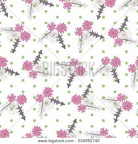 Romantic Floral Seamless Pattern With Purple Chicory Flowers And Dots. Image For Printing On Paper, 
