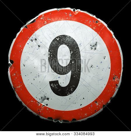 Public road sign in red and white with a capitol letter 9 in the center isolated on black background. 3d rendering