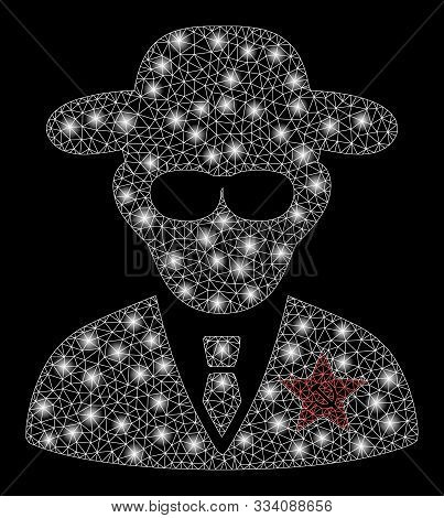 Flare Mesh Kgb Spy With Glitter Effect. Abstract Illuminated Model Of Kgb Spy Icon. Shiny Wire Carca