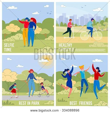 Outdoor Activities And Recreations Set. Townsmen Cartoon Characters Having Fun On Nature - Spending 