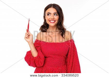 Beautiful Young Woman With Perfect Smile And Tooth Brush Advises Regulary Brush Teeth, Picture Isola