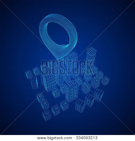 Geo Map Pin On Mesh Low Poly Wireframe Cubes Array Like Skyscraper City. Connected Lines Town. Conne