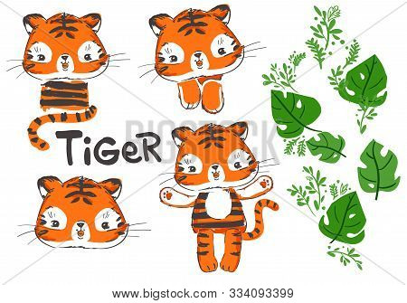 Cute Tiger Set Of Beautiful Tropical Illustrations. Vector Stock. Tropical Leaves. Elements For Desi