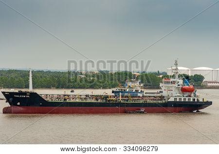 Long Tau River, Vietnam - March 12, 2019: Closeup Of Black, Red And White Thalexim Oil Tanker Anchor