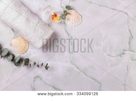Spa Prodacts On Marble Background. Copy Space, Flat Lay