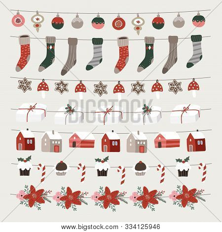 Set Of Christmas Holiday Decorative Borders, Strings. Party Decoration Banners. Christmas Ornamnets,