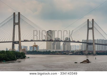 Ho Chi Minh City Vietnam - March 12, 2019: Looking South: 2 Pylons And Span Of Cau Phu My Suspension