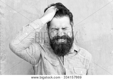 Aches And Pains. Headache And Overworking. Negative Emotions. Feel Bad. Bearded Man. Mature Hipster 