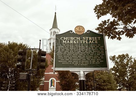 Burlington, Vermont - September 29th, 2019: Historical Marker At Entrance Of Church Street Marketpla