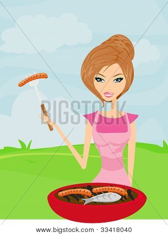 Kobieta gotowanie grilla, ilustracji wektorowych