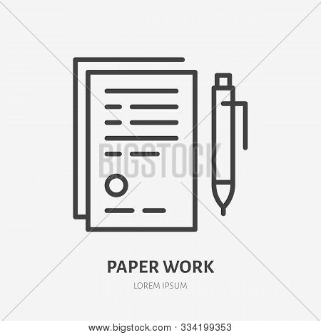 Document With Pen Flat Line Icon. Sign Paper Vector Illustration. Thin Sign Of Legal Contract, Agree