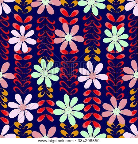 Big Floral Design Over Decorative Leaves. A Seamless Repeat Pattern Tile.