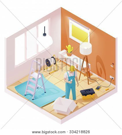 Vector Isometric Electrician Working In House Room. Electrician Holding Led Light Bulb, Fixing Socke