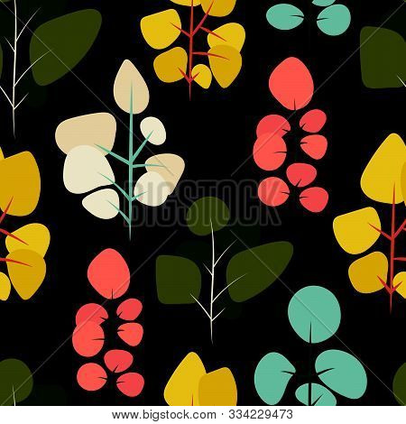 Colorful Vector Trees Over Black Background In A Seamless Repeat Pattern. A Vector File Which Can Be