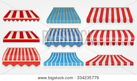 Stripped Window Canopy. Roof Of Grocery Cafe Stored Shopping Tent Outdoor Collection Vector Pictures