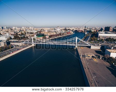 Aerial View Of The Crimean (krymsky) Bridge On Moscow River In Moscow City, Russia
