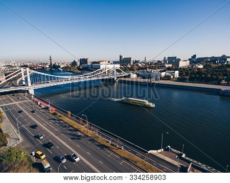 Aerial View Of The Crimean (krymsky) Bridge On Moscow River In Moscow City, Russia