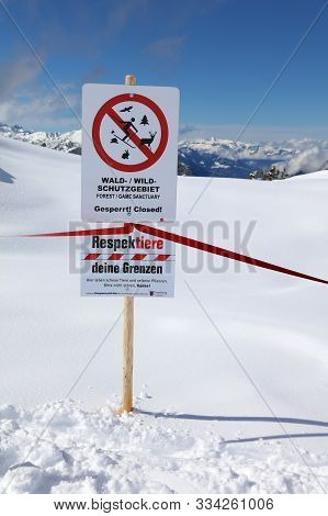 Dalaas, Austria - March 05, 2017: Warning Sign In Vorarlberg. Klostertal Alps. Austria